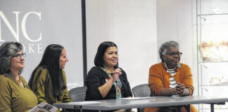 
			
				                                Katie Franklin, left, Sonya Stephenson-Ndiaye and Daisy Wooten were among the speakers at the 19th annual Southeast Native Studies Conference held March 21-22, 2024 at The University of North Carolina at Pembroke.
                                 Courtesy photo | UNCP

			
		
